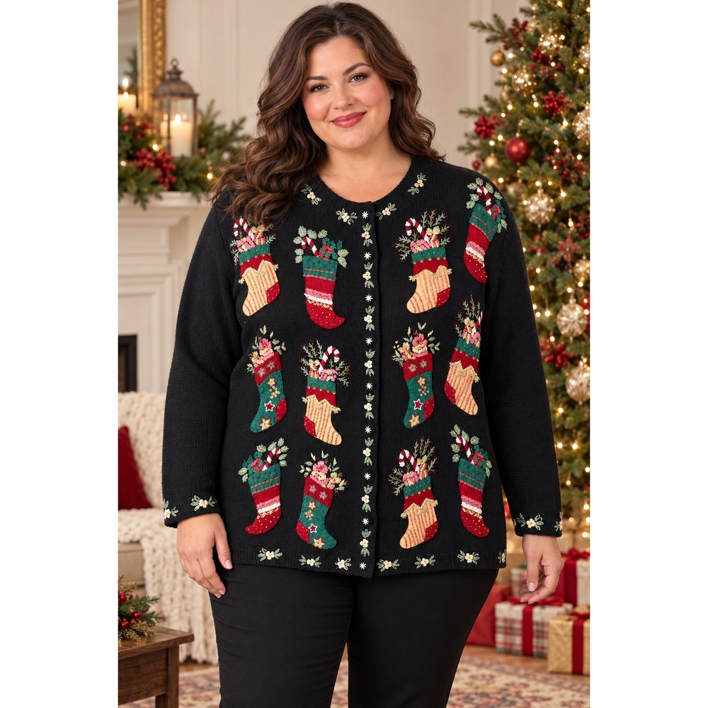 Stitches In Time Vintage Christmas Stocking Embroidered Cardigan Sweater 1X